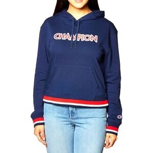 Champion Navy Blue Hoodie – Red Embroidered Logo – Size Medium (Like New)